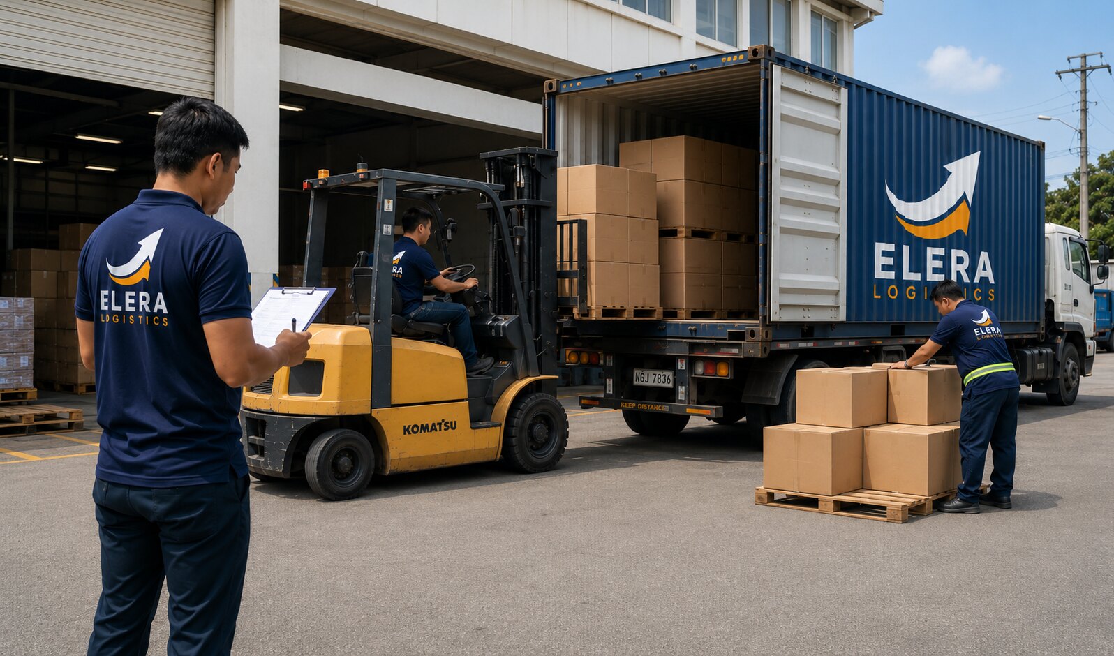 ELERA Logistics crew loading palletised cargo into a branded container truck at a warehouse bay