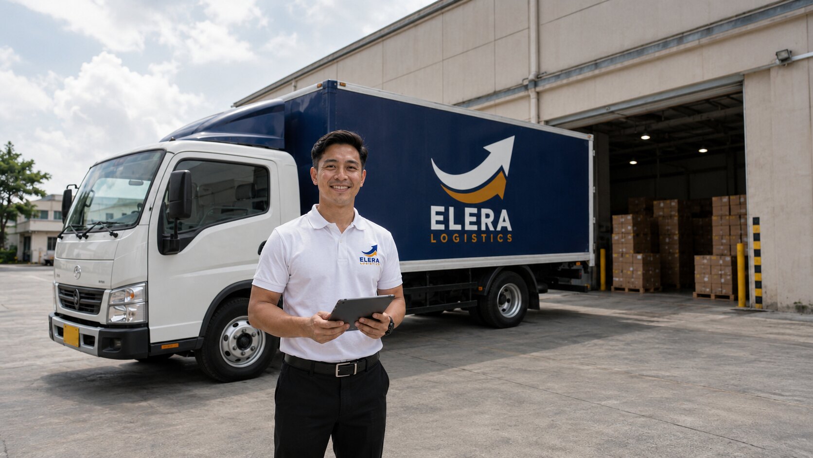 ELERA Logistics staff member with a tablet in front of a company delivery truck at a warehouse loading bay