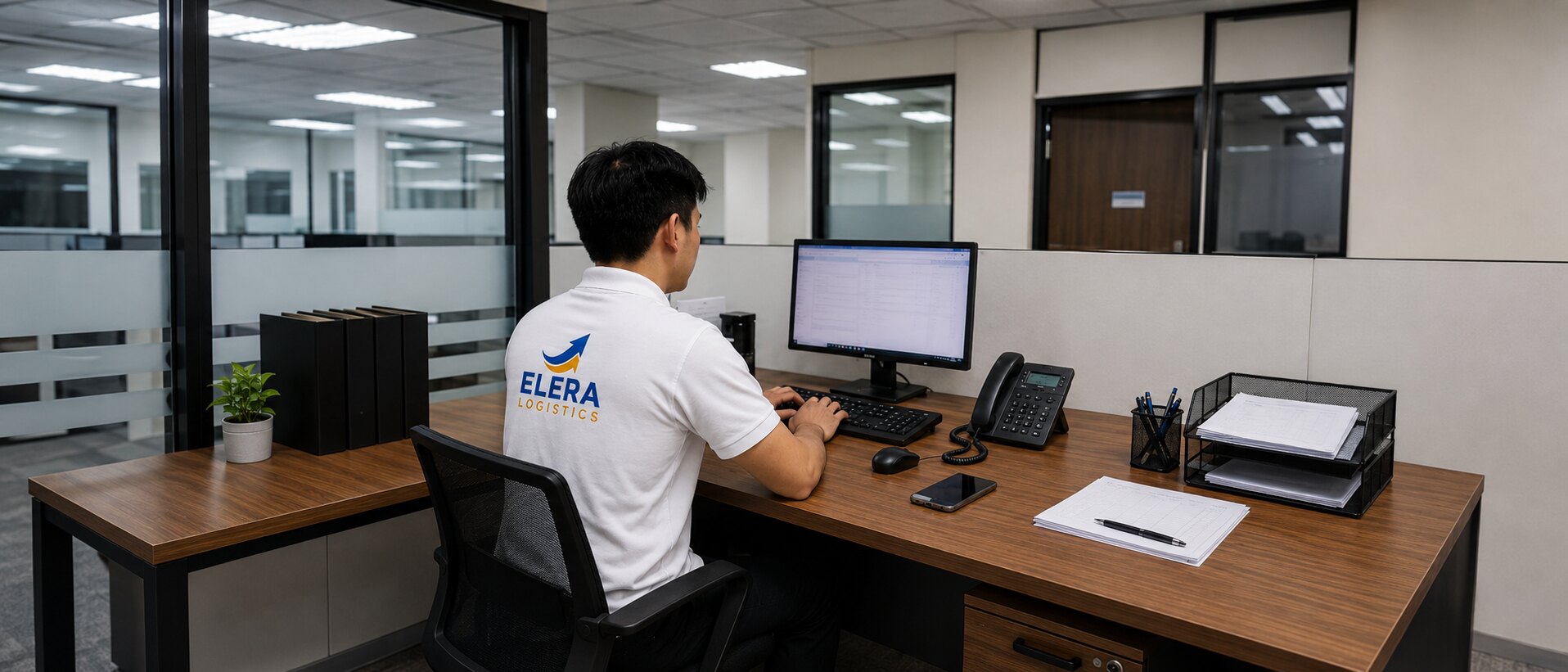 ELERA Logistics coordinator at a desk in the General Trias office, working through shipment paperwork