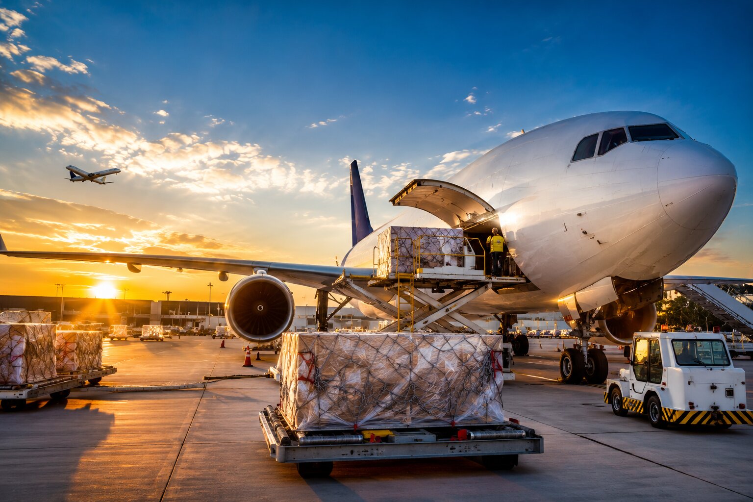 Cargo freighter loading palletized freight on the apron at sunset