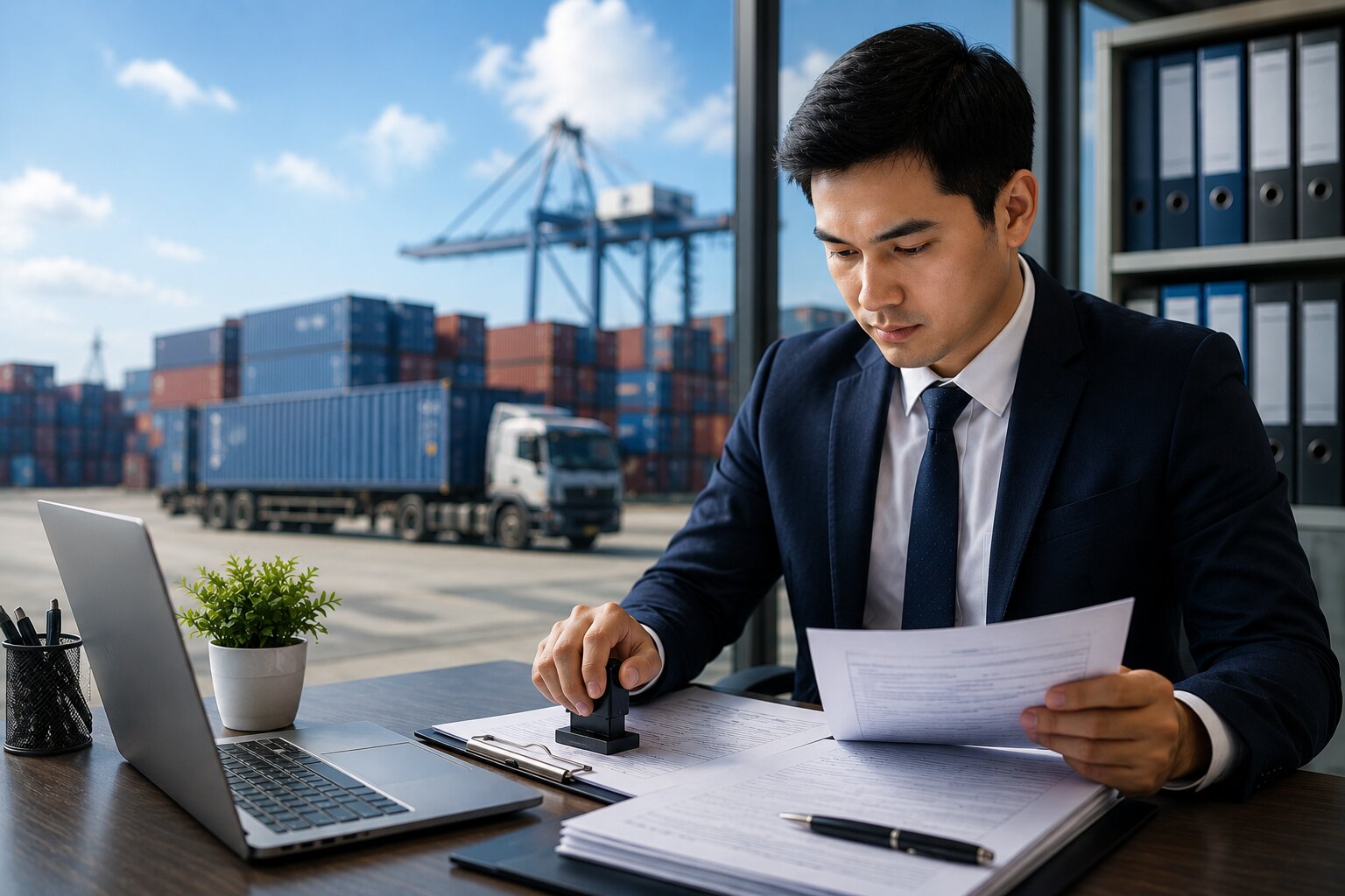 Licensed customs broker stamping clearance documents with the container terminal behind