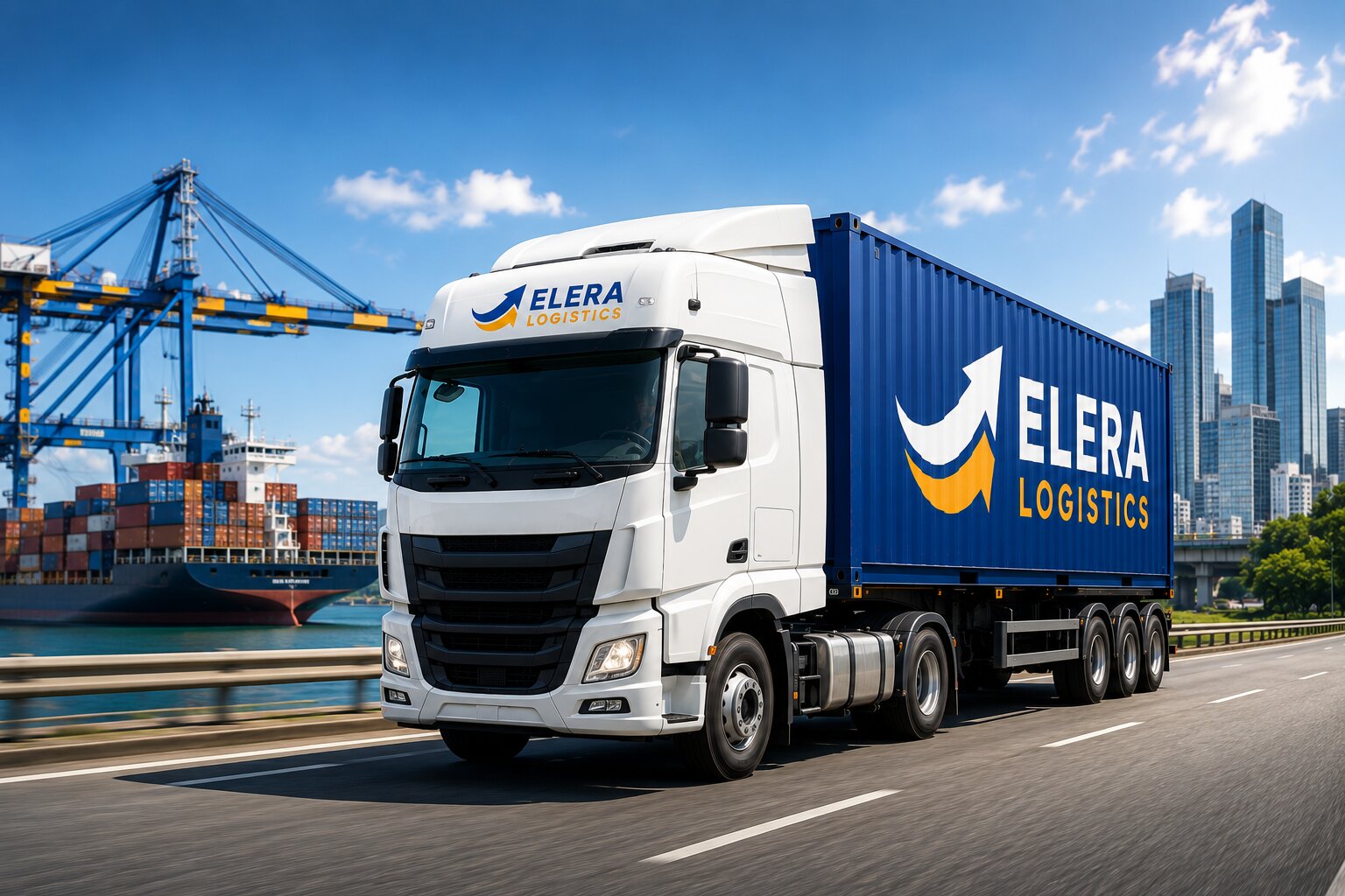 ELERA Logistics truck hauling a branded container past the container terminal