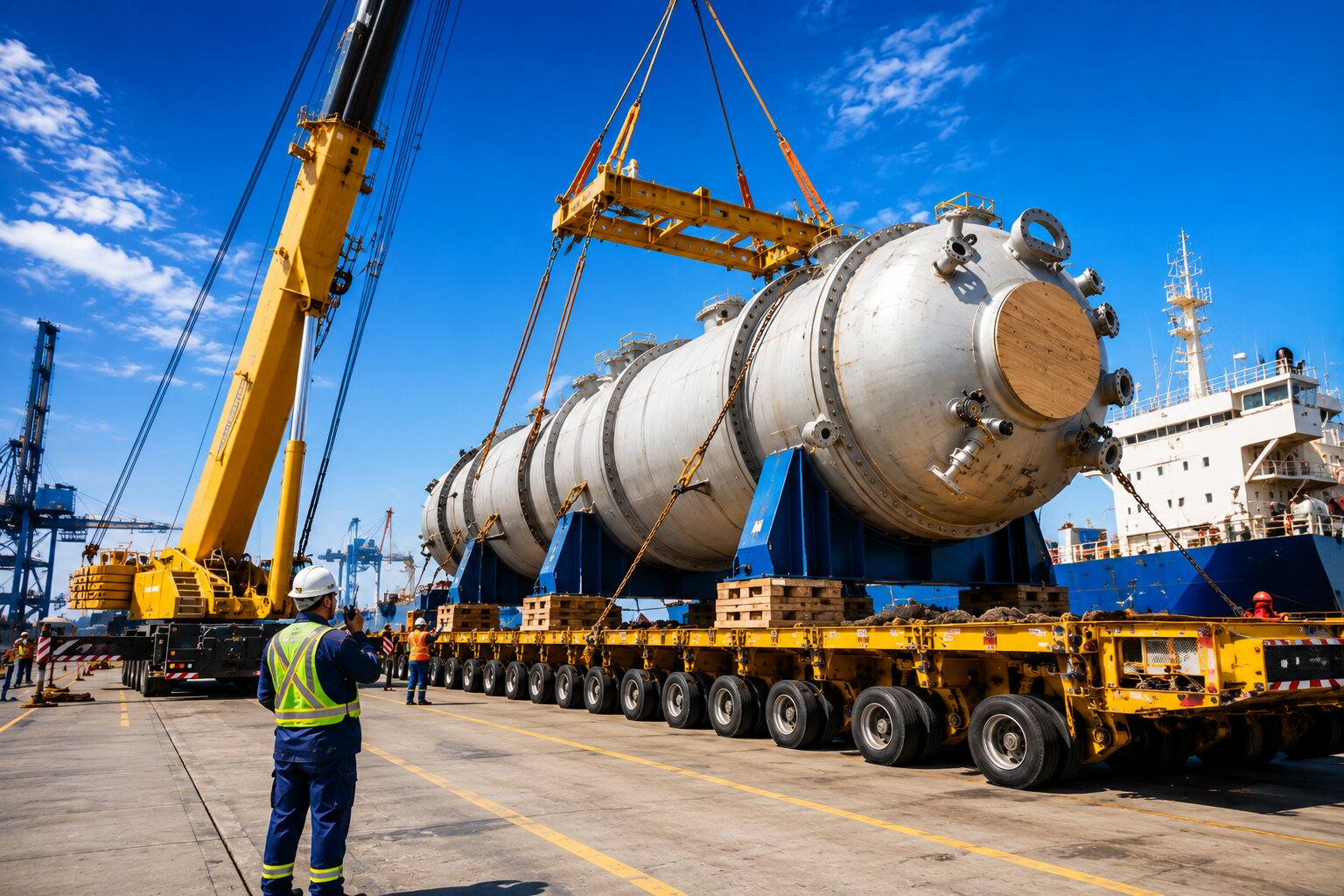 Crane lifting heavy project cargo onto multi-axle transport at the port