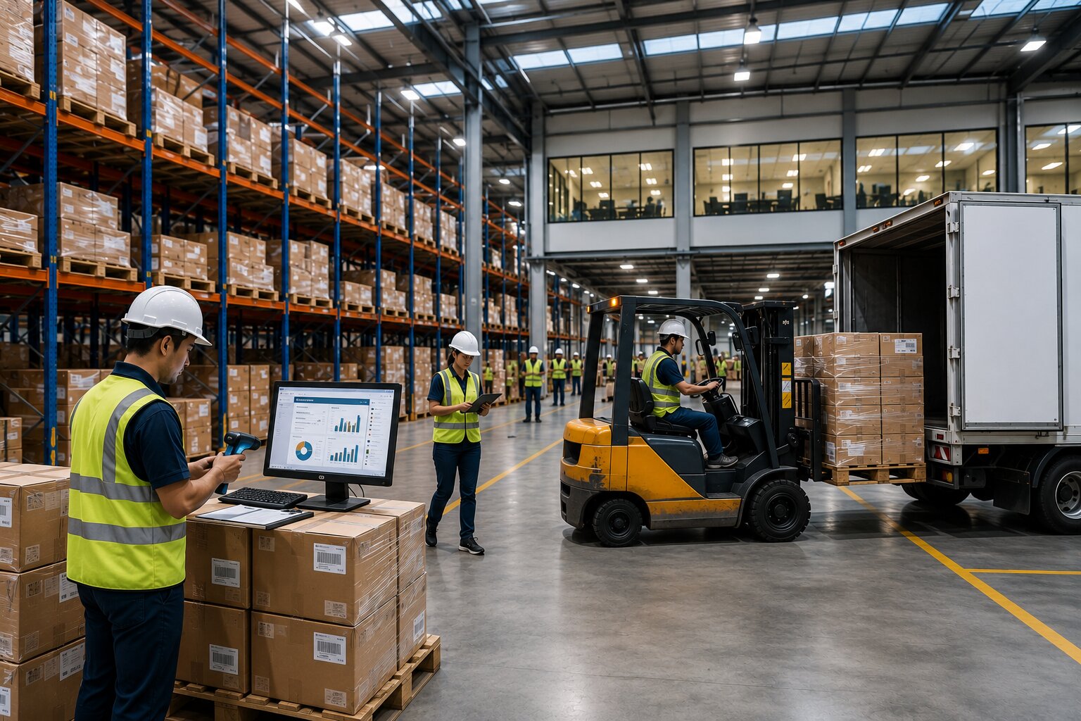 Warehouse team scanning inventory while a forklift loads outbound pallets
